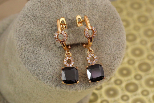 Сережки підвіски Xuping Jewelry куплет із чорним каменем 3 см золотисті