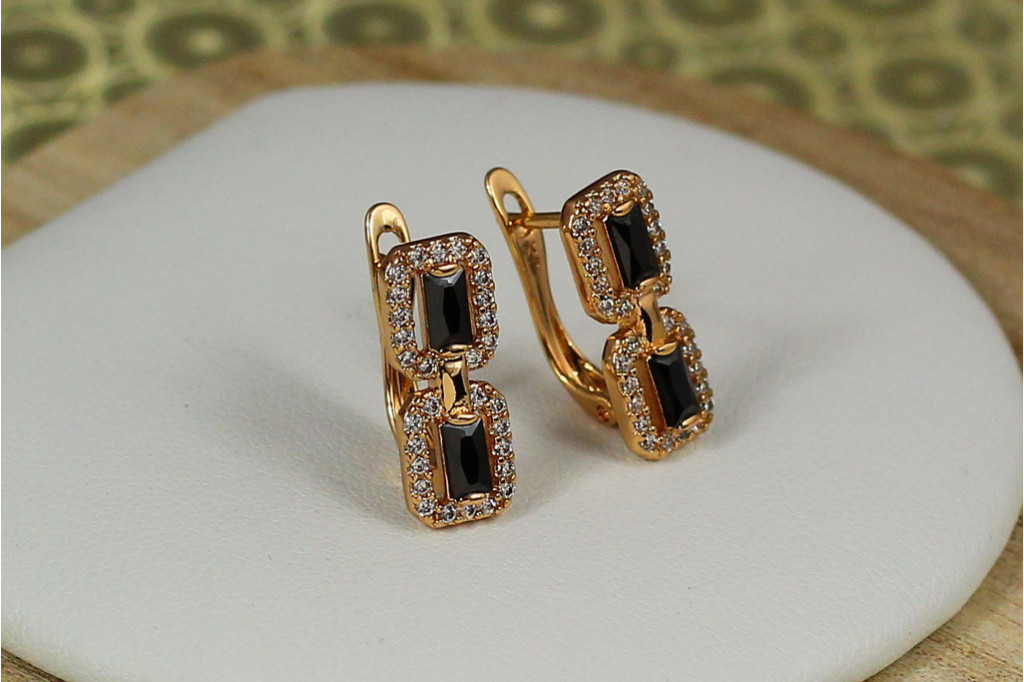 Сережки Xuping Jewelry пісочні часи із чорними каменями 1.7 см золотисті