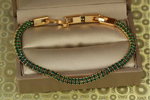 Браслет Xuping Jewelry дві доріжки із зелених фіанітів 21 см 4 мм золотистий