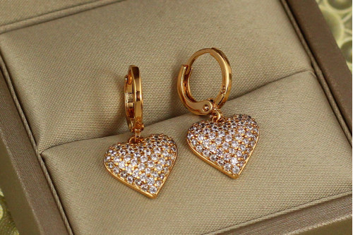 Сережки підвіски Xuping Jewelry серце з дрібними фіанітами 2,4 см золотисті