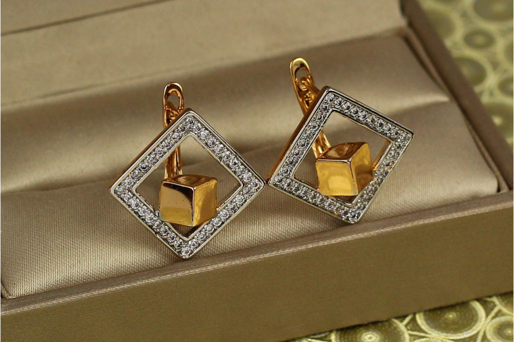 Сережки Xuping Jewelry гіперкуб з родієм 2 см золотисті
