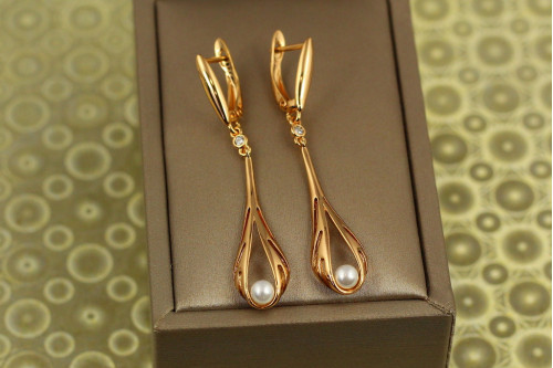 Сережки підвіски Хuping Jewelry перлина в краплині 4,9 см золотисті