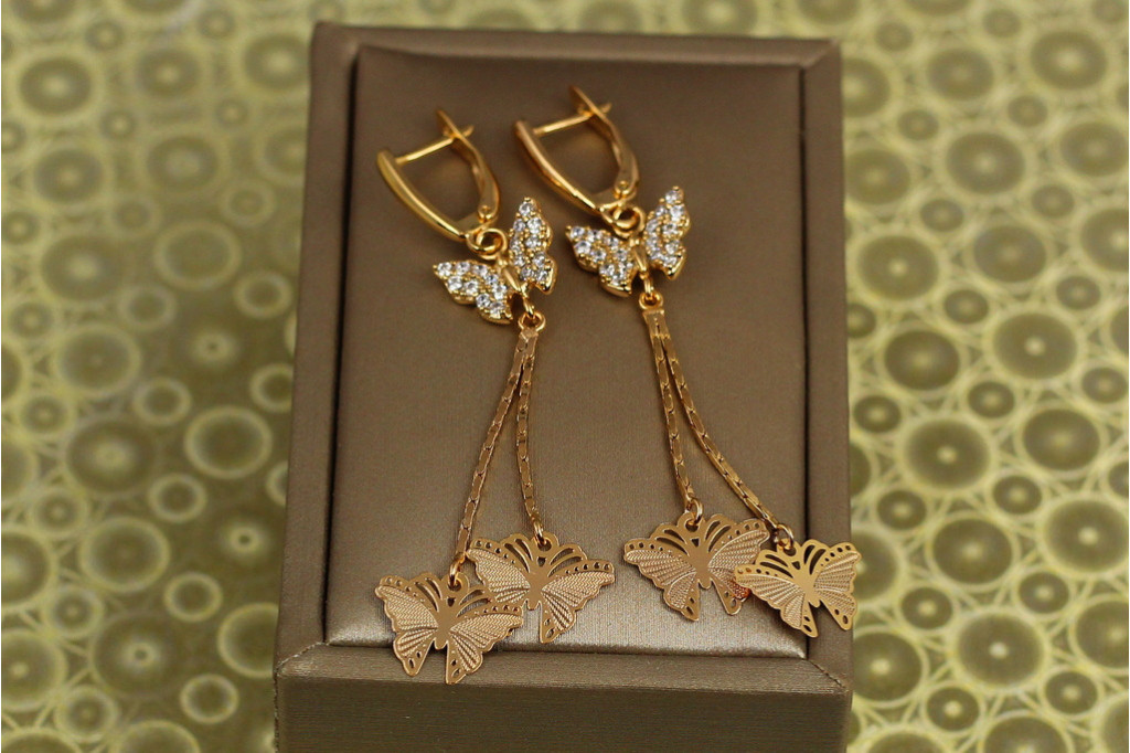 Сережки підвіски Хuping Jewelry три метелика 6 см золотисті
