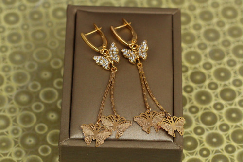 Сережки підвіски Хuping Jewelry три метелика 6 см золотисті