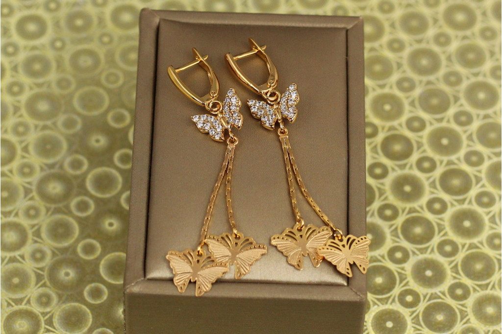 Сережки підвіски Хuping Jewelry три метелика 6 см золотисті