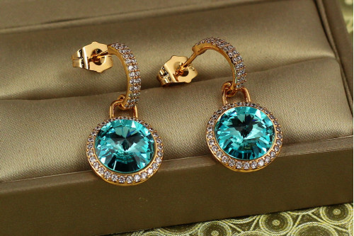Сережки підвіски Xuping Jewelry Сваровськи Романс із блакитними каменями 2,8 см золотисті