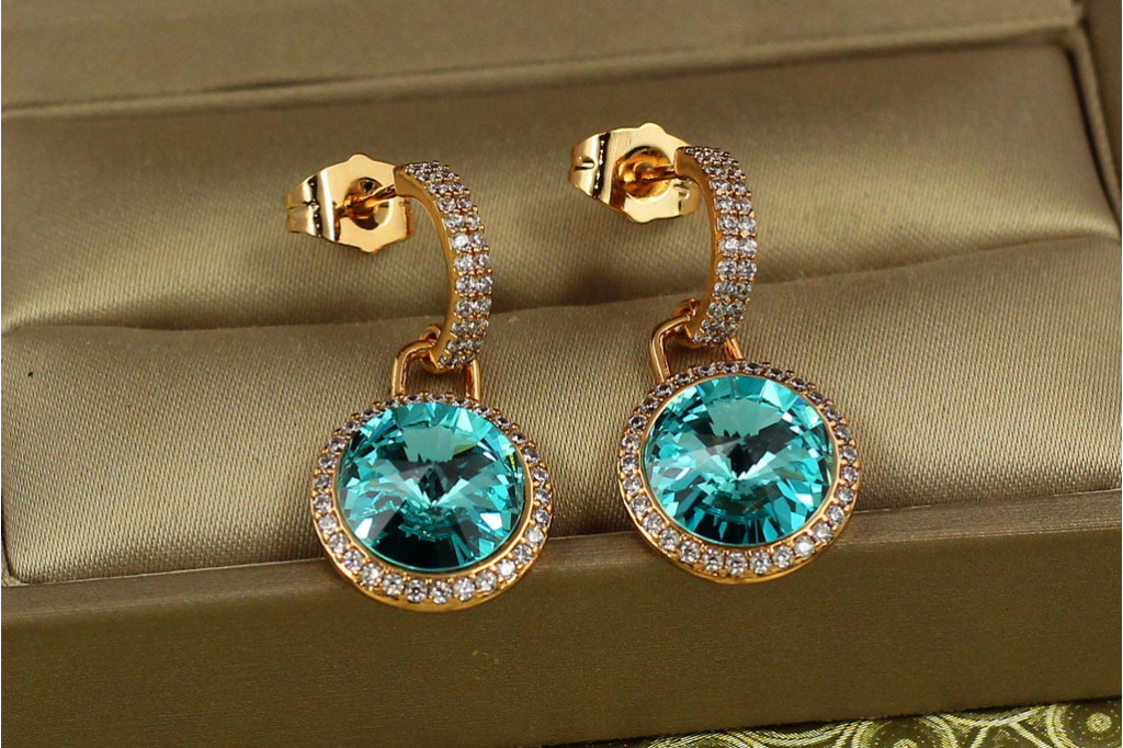 Сережки підвіски Xuping Jewelry Сваровськи Романс із блакитними каменями 2,8 см золотисті