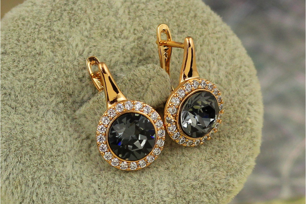 Сережки Xuping Jewelry Сваровськи Романс із чорними каменями 2 см золотисті