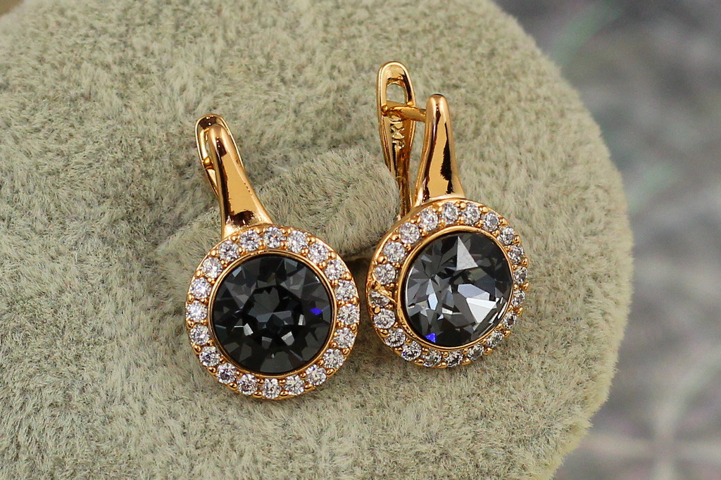Сережки Xuping Jewelry Сваровськи Романс із чорними каменями 2 см золотисті
