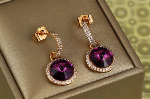 Сережки підвіски Xuping Jewelry Сваровськи Романс із бордовими каменями 2,8 см золотисті