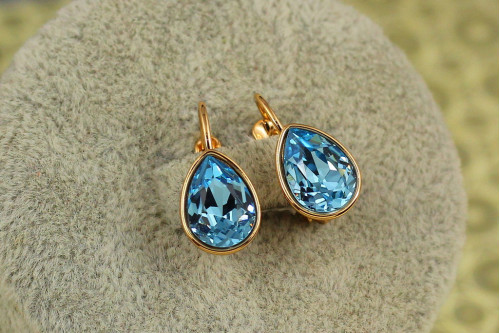 Сережки Xuping Jewelry Сваровськи обітниця із блакитними каменями 1,5 см золотисті