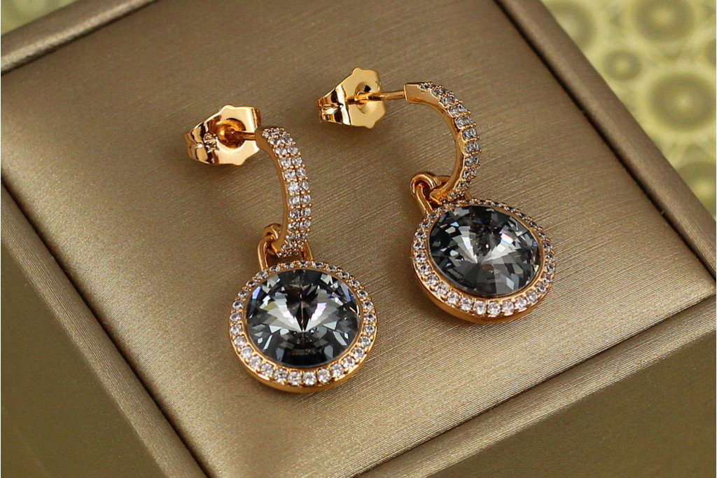 Сережки підвіски Xuping Jewelry Сваровськи Романс із чорними каменями 2,8 см золотисті