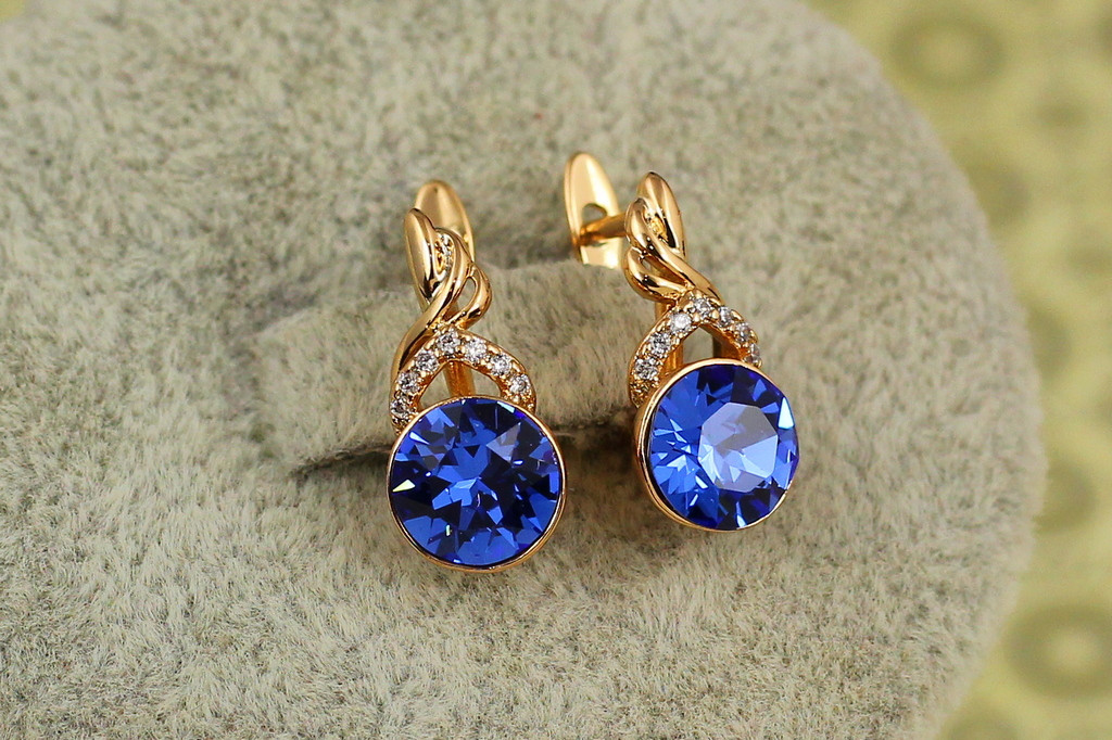 Сережки підвіски Xuping Jewelry Сваровські флакон із яскраво-синіми каменями 1,6 см золотисті