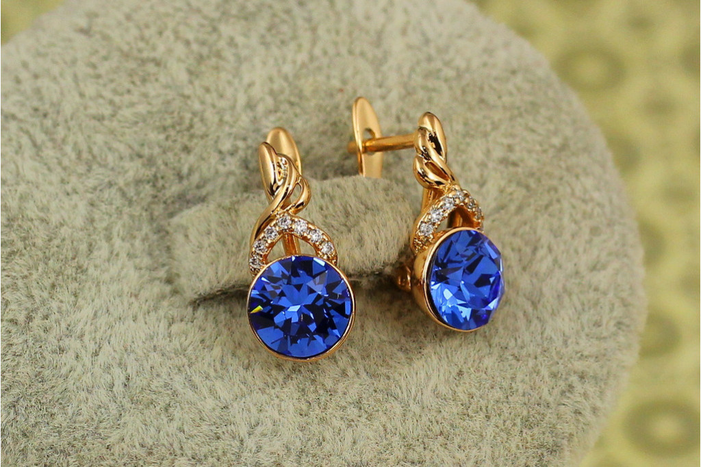Сережки підвіски Xuping Jewelry Сваровські флакон із яскраво-синіми каменями 1,6 см золотисті