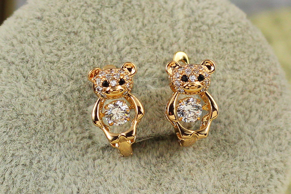 Сережки дитячі Xuping Jewelry ведмедики із танцюючим фіанітом 1,3 см золотисті