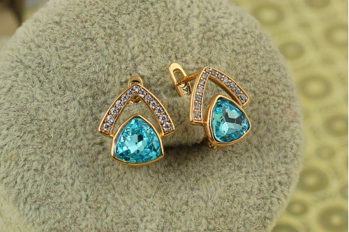 Сережки Xuping Jewelry Сваровскі будиночок із блакитним каменями 1,4 см золотисті