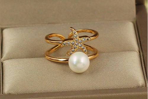 Кольцо Xuping Jewelry звезда с жемчугом р 16 раздвижное золотистое