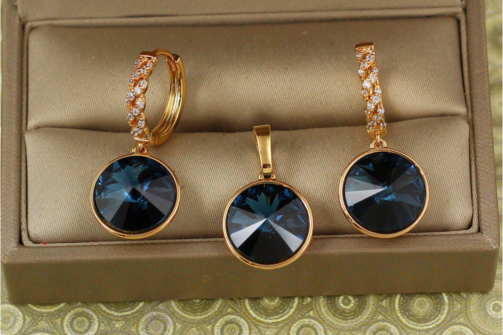 Набір Xuping Jewelry великий камінь Сваровскі темно-синій хамелеон 1,4 см золотистий