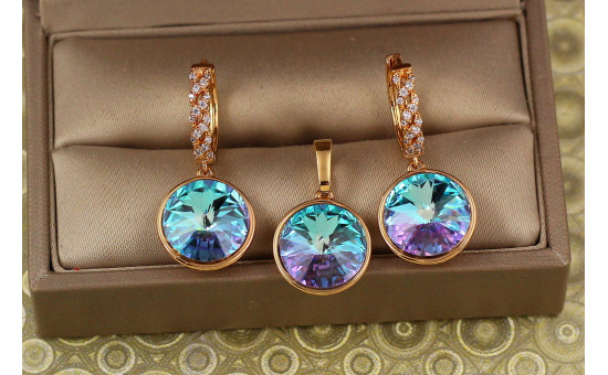 Набір Xuping Jewelry великий камінь Сваровскі фіолетовий хамелеон 1,4 см золотистий