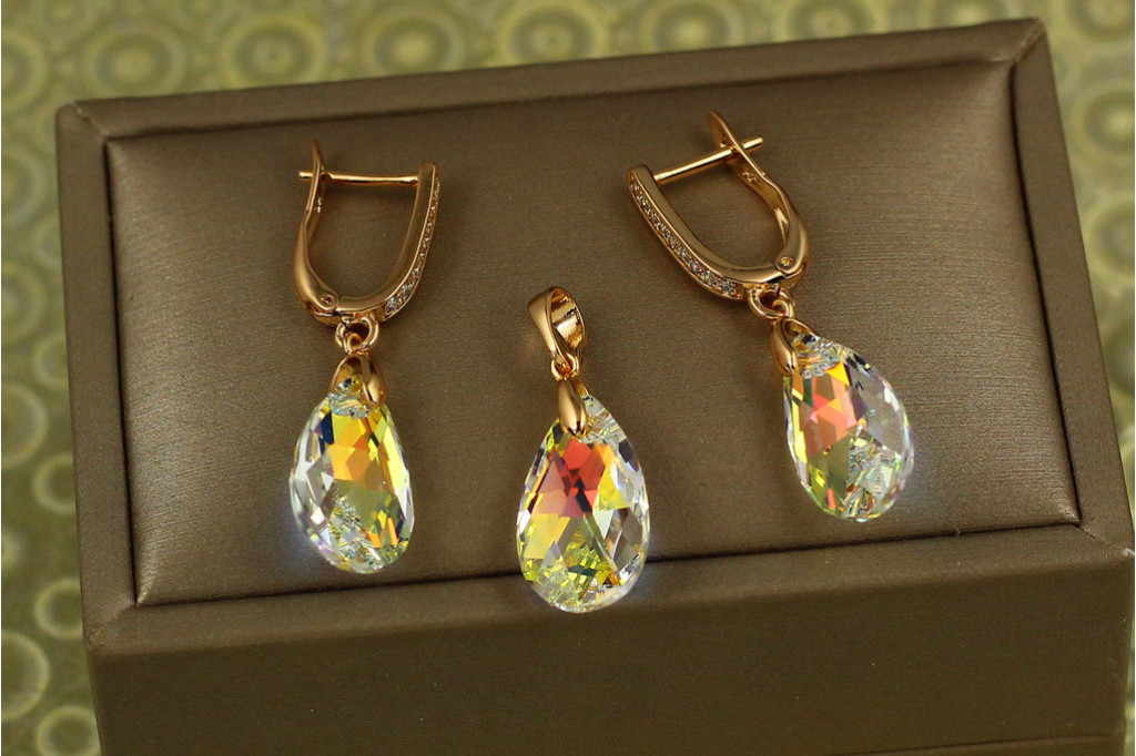Набір Xuping Jewelry крапля Сваровскі жовтий хамелеон 2 см золотистий