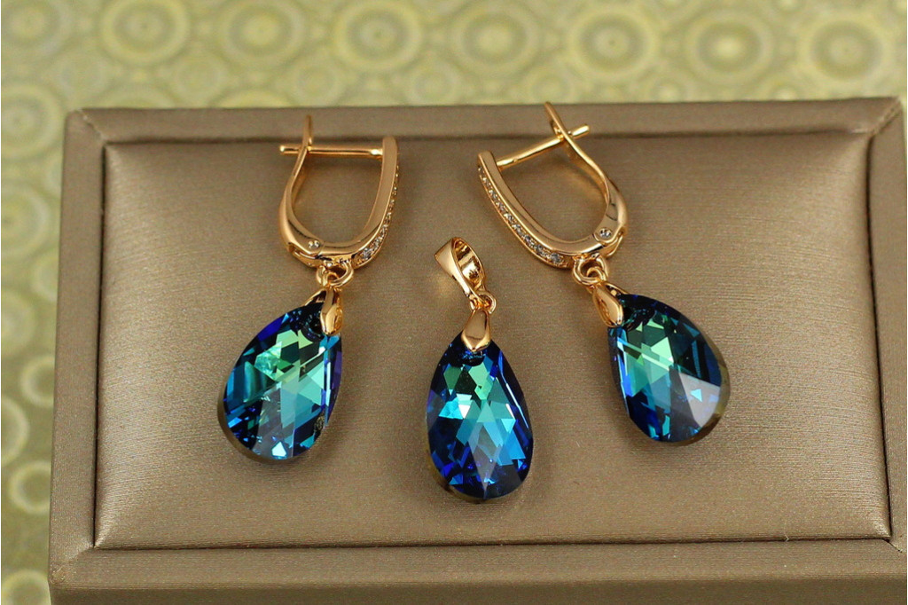 Набір Xuping Jewelry крапля Сваровскі синій хамелеон 2 см золотистий