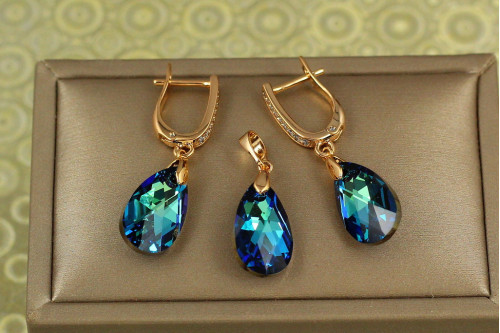 Набор Xuping Jewelry капля Сваровски синий хамелеон 2 см золотистый
