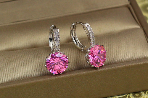 Сережки Xuping Jewelry з великим рожевим каменем і круглою застібкою 2 см сріблясті