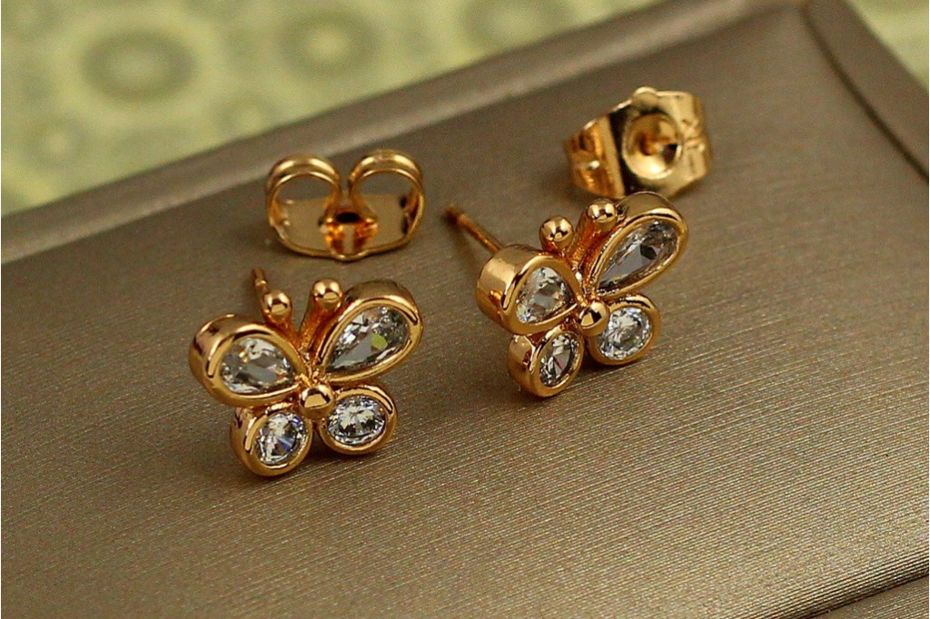 Серьги гвоздики Xuping Jewelry бабочка с камнями в ободке 1 см золотистые