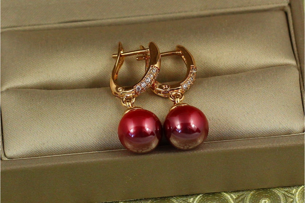 Сережки підвіски Xuping Jewelry Октант з червоною перлиною 3,2 см золотисті