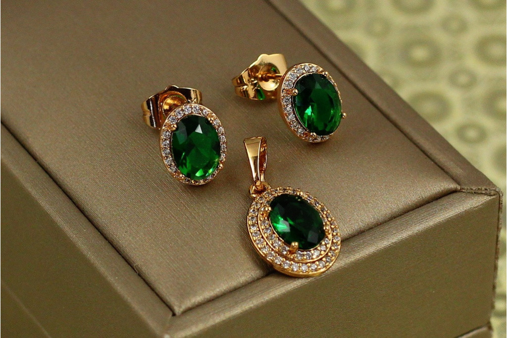 Набор Xuping Jewelry овал с зеленым камнем золотистый