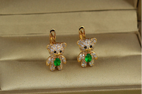 Сережки дитячі Xuping Jewelry ведмежата із зеленим камінчиком 1,4 см золотисті