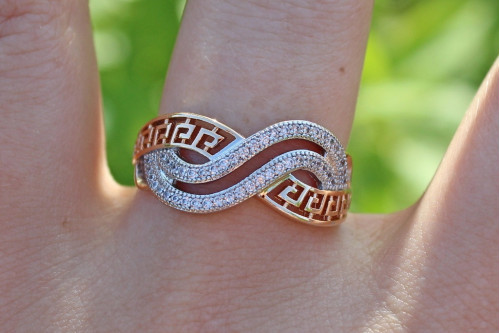 Кільце Xuping Jewelry з родієм дві хвилі з грецьким візерунком р 16 золотисте