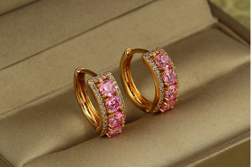 Сережки кільця Хuping Jewelry Оазіс з рожевими каменями 1,5 см золотисті