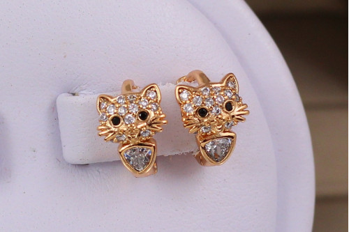 Сережки дитячі Xuping Jewelry кошенята з чорними вічками 10 мм золотисті