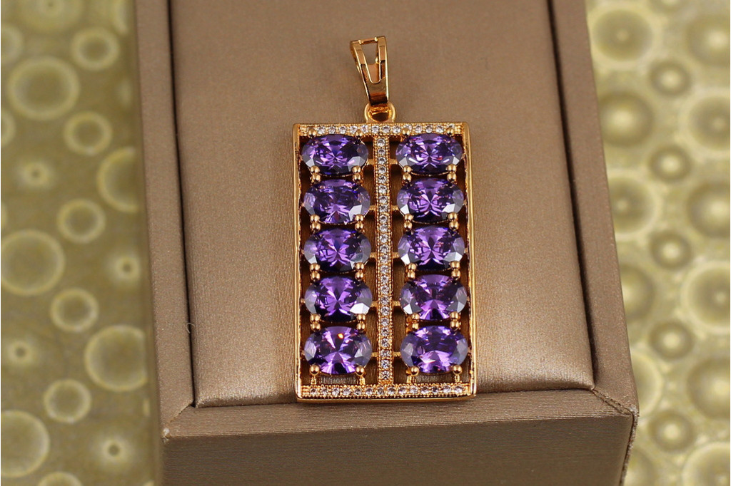 Кулон Xuping Jewelry прямокутник фіолетові камені 3,2 см золотистий