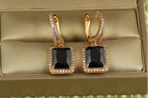 Сережки підвіски Xuping Jewelry авангард з чорним каменем 3 см золотисті
