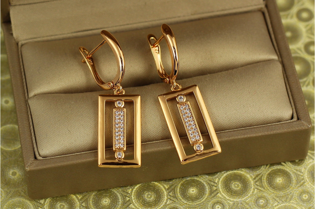 Сережки підвіски Xuping Jewelry подвійний прямокутник 3,7 см золотисті