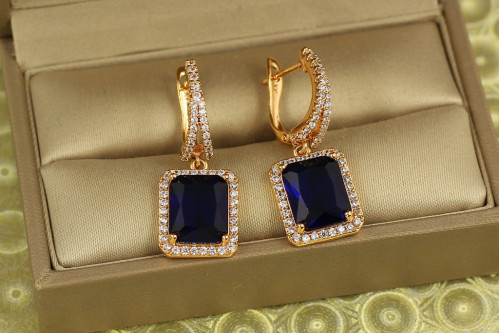 Сережки підвіски Xuping Jewelry авангард з синім каменем 3 см золотисті