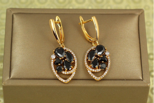 Сережки підвіски Xuping Jewelry неонова ніч з чорними каменями 3.4 см золотисті