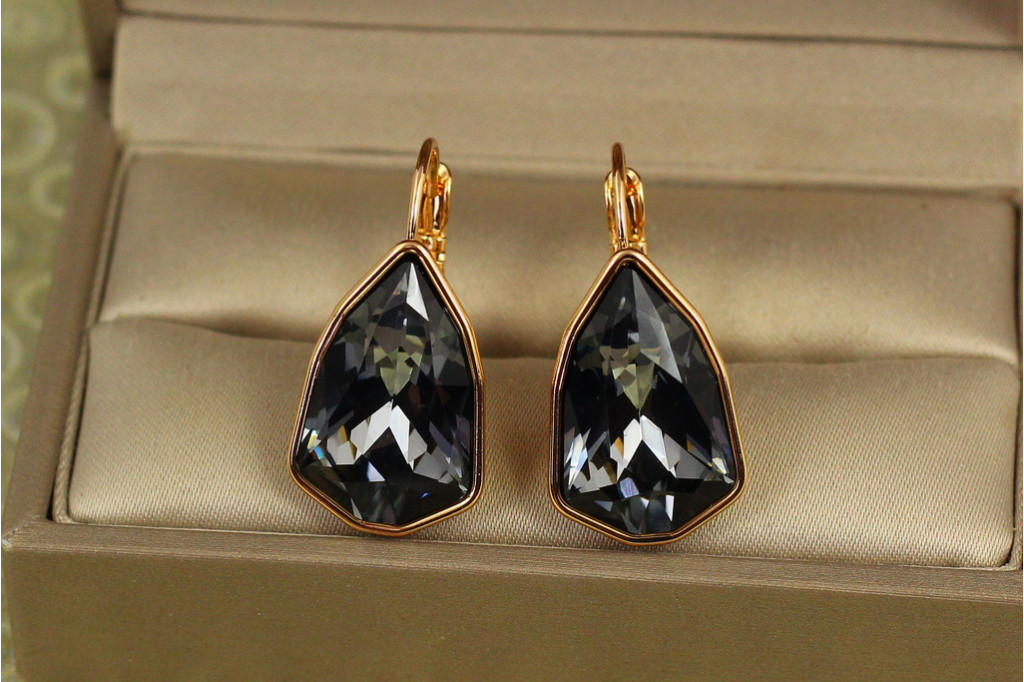Сережки Xuping Jewelry Сваровскі Моноліт з великим чорним каменем 2,8 см золотисті