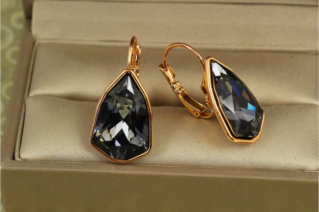 Сережки Xuping Jewelry Сваровскі Моноліт з великим чорним каменем 2,8 см золотисті