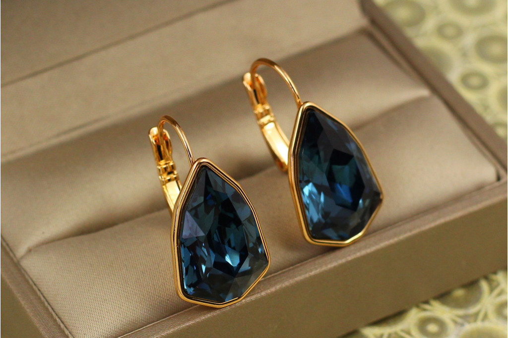 Сережки Xuping Jewelry Сваровскі Моноліт з великим синім каменем 2,8 см золотисті