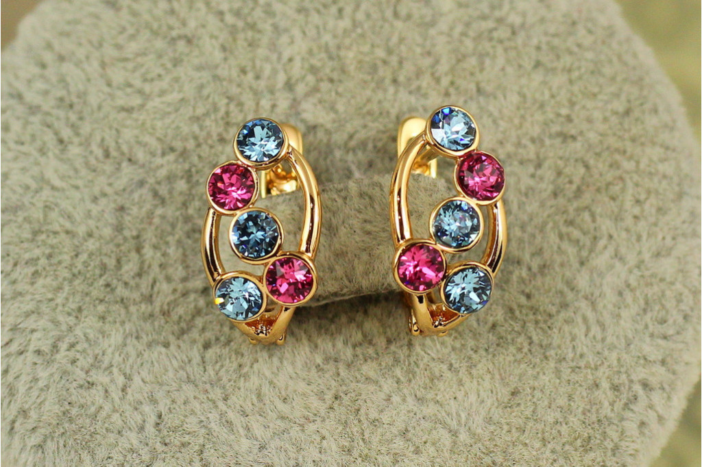 Серьги Xuping Jewelry Пузыри Сваровские розовые и голубые камни 1,6 см золотистые