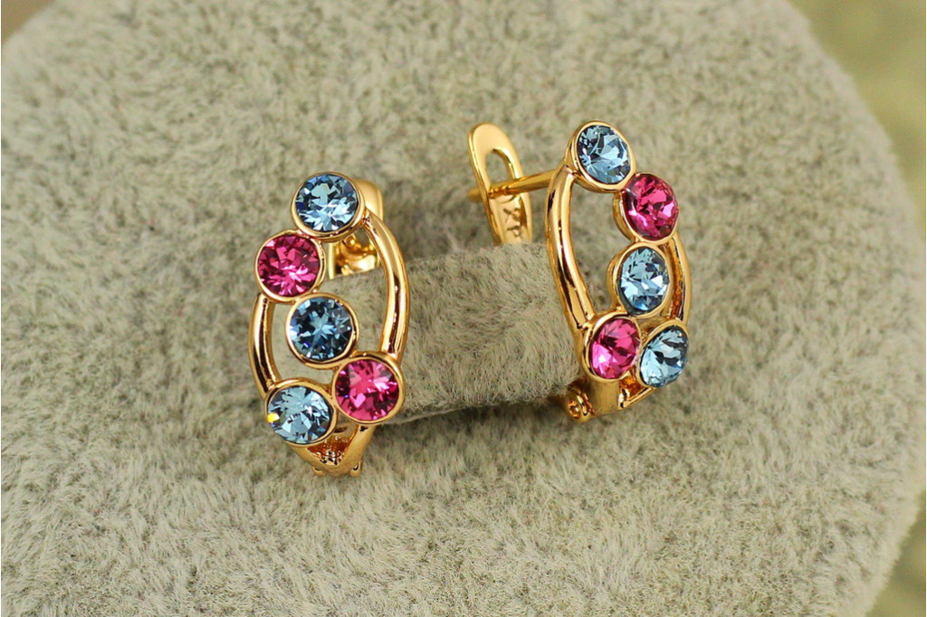 Серьги Xuping Jewelry Пузыри Сваровские розовые и голубые камни 1,6 см золотистые