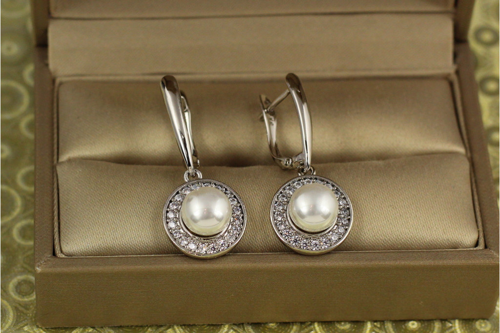 Сережки Xuping Jewelry підвіски перлина в колі фіанітів 3,1 см сріблясті