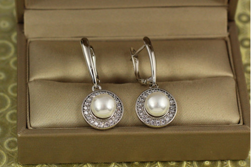 Сережки Xuping Jewelry підвіски перлина в колі фіанітів 3,1 см сріблясті