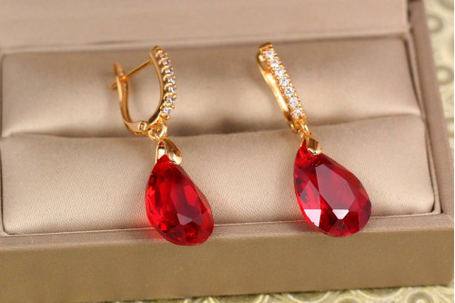 Сережки підвіски Xuping Jewelry Велика крапля із червоним каменем Сваровські 3,4 см золотисті