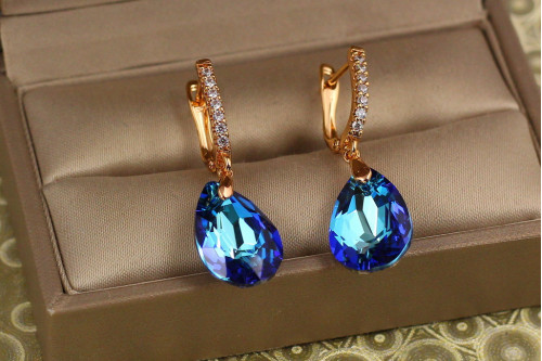 Сережки підвіски Xuping Jewelry Велика крапля із синім каменем Сваровські 3,4 см золотисті