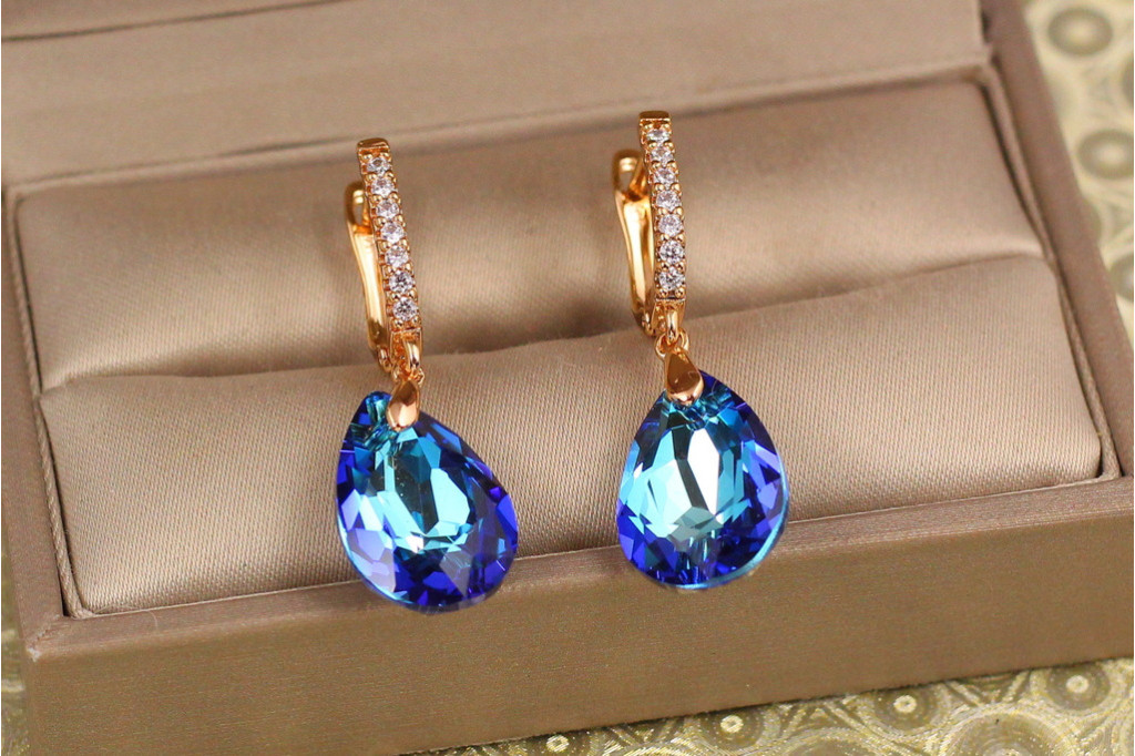 Сережки підвіски Xuping Jewelry Велика крапля із синім каменем Сваровські 3,4 см золотисті