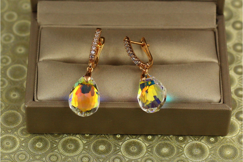 Сережки підвіски Xuping Jewelry Велика крапля із жовтим каменем Сваровські 3,4 см золотисті
